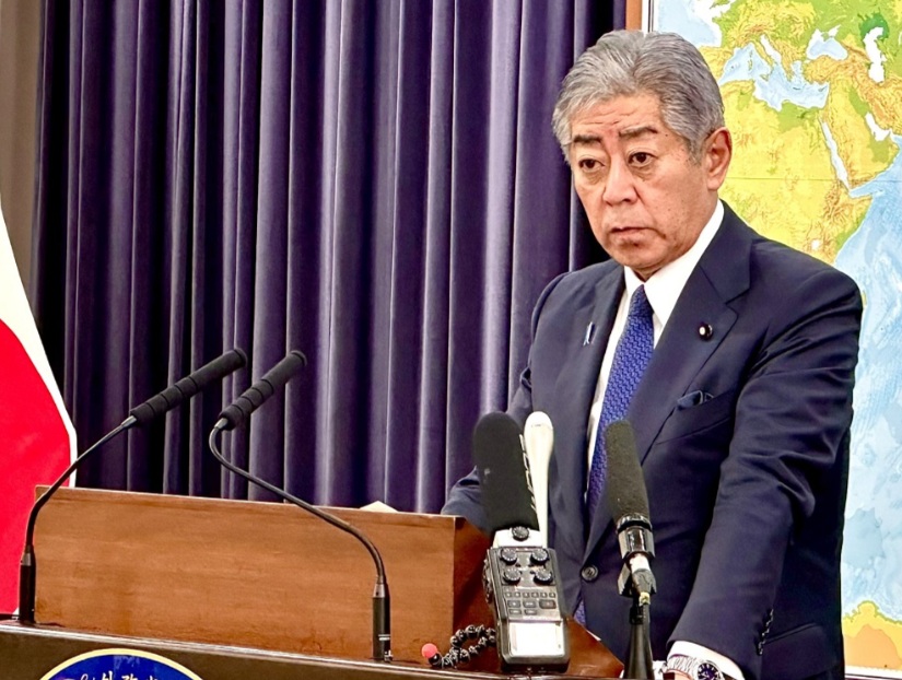 Japanese Foreign Minister Iwaya Takeshi is seen listening to a question at a press conference on June17 at the Ministry building in Tokyo. (Arab News Japan)
