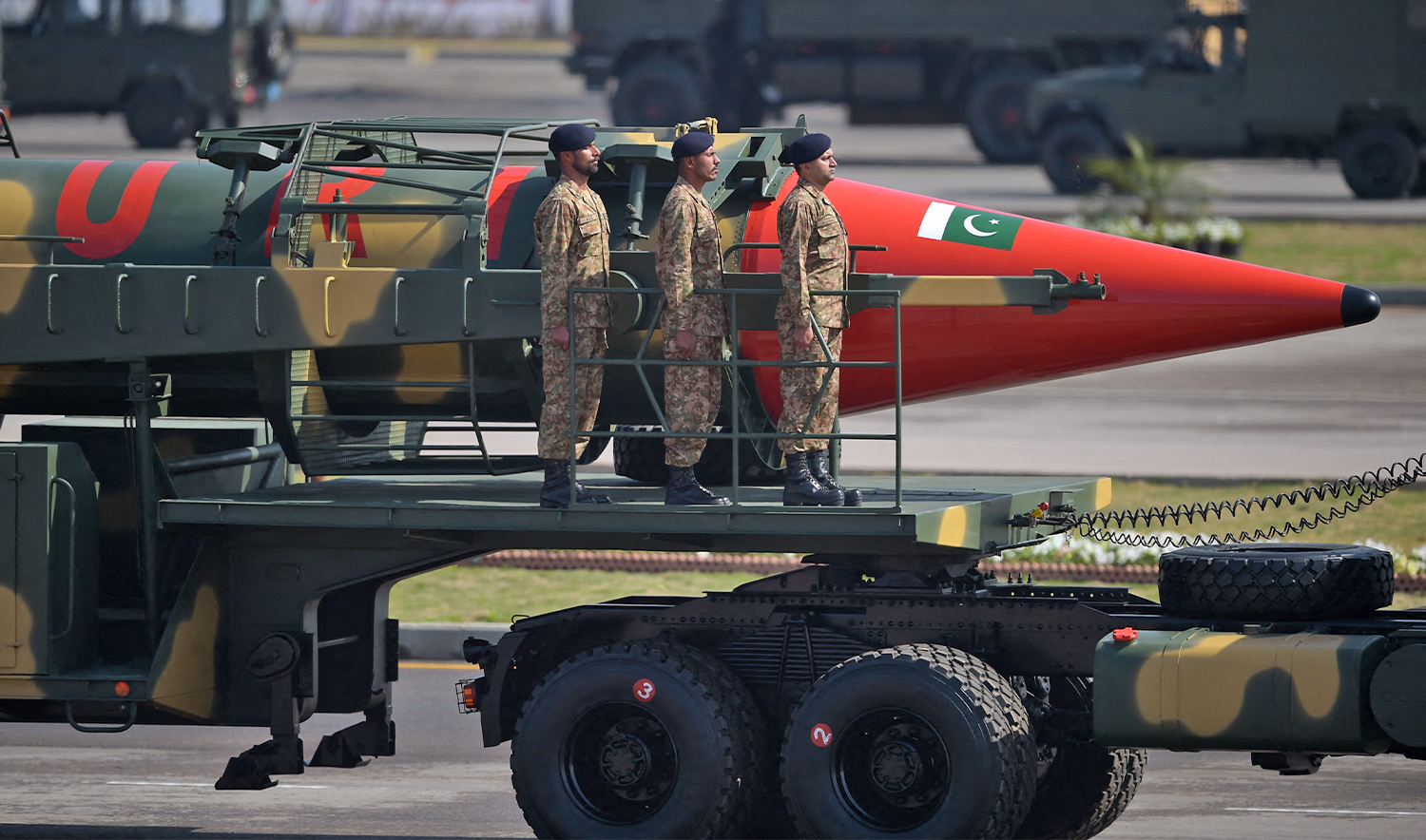 Pakistani military personnel stand beside a Ghauri nuclear-capable missile during a Pakistan Day military parade in Islamabad on March 23, 2017. (AFP/File)