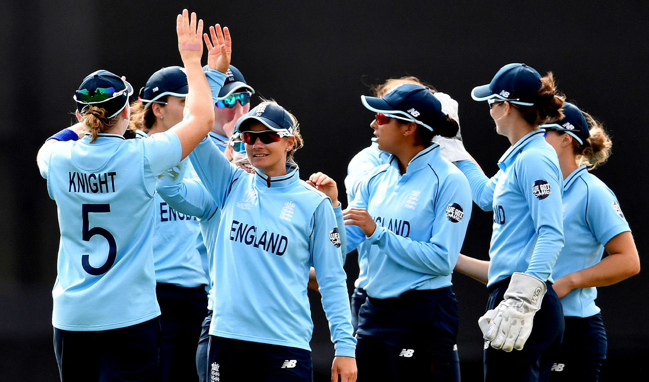 England team celebrate the dismissal of Pakistan's Omaima Sohail (not in picture) during the Women's Cricket World Cup match between England and Pakistan at Hagley Oval in Christchurch on March 24, 2022. (AFP/File)