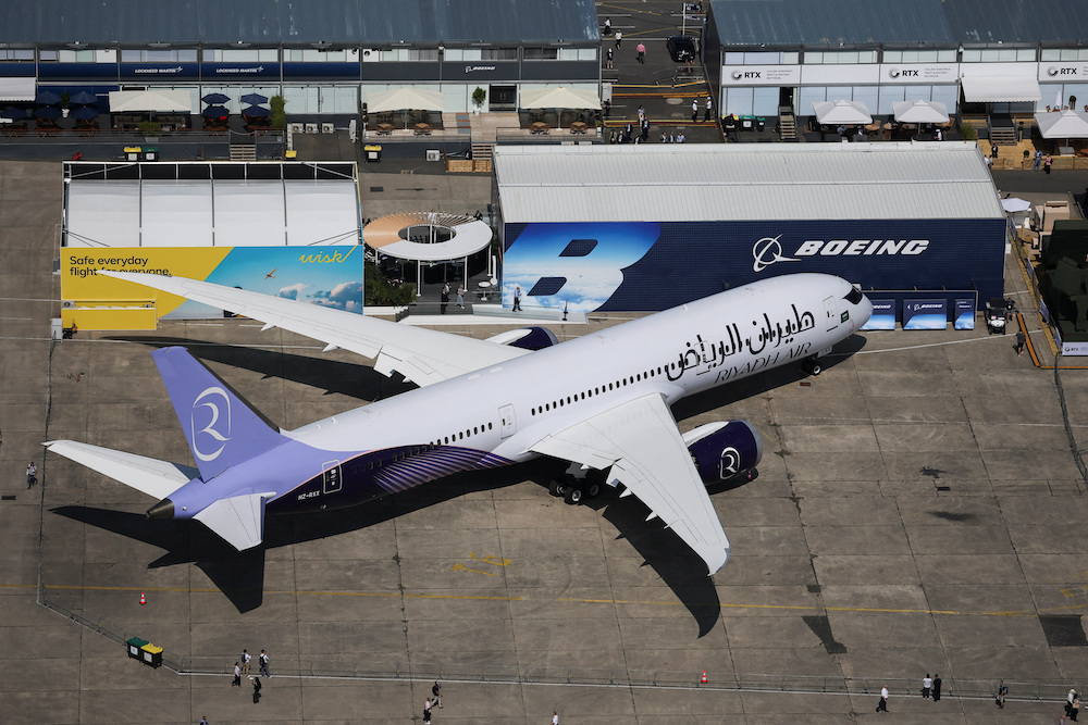 An aerial view shows a Riyadh Air Boeing 787-9 Dreamliner during the 55th International Paris Airshow at Le Bourget Airport near Paris, France, June 17, 2025. Reuters