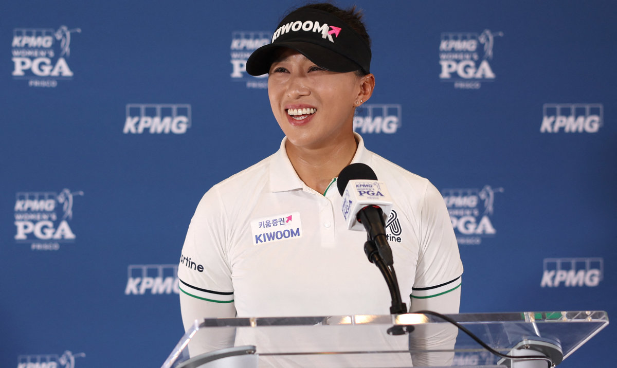 Amy Yang of South Korea answers questions from media prior to the KPMG Women’s PGA Championship 2025 at Fields Ranch East at PGA Frisco on Wednesday in Frisco, Texas. (AFP)