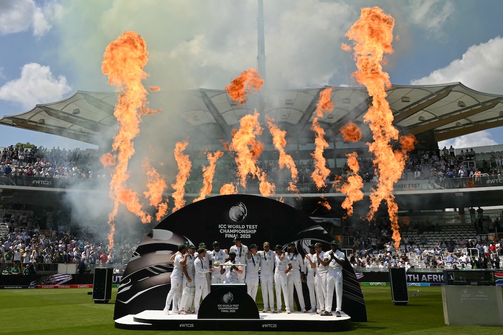 The South Africa cricket team with the ICC World Test Championship Mace after their against Australia on June 14, 2025. (AFP)