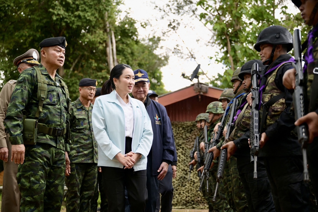 Thailand's Prime Minister Paetongtarn Shinawatra speaks to troops during a visit to Morakot Operations Base in Ubon Ratchathani province, Thailand. (Handout by Royal Thai Government)
