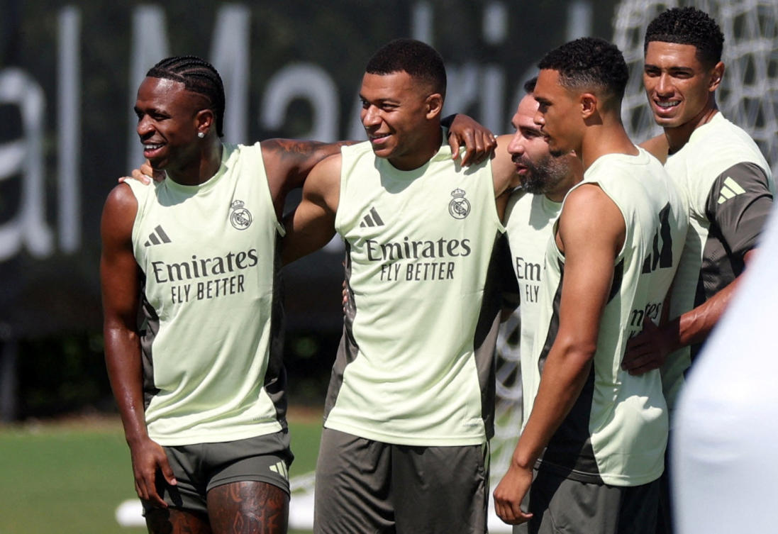 Real Madrid’s Vinicius Junior, Kylian Mbappe, Dani Carvajal, Trent Alexander-Arnold and Jude Bellingham during training at the Real Madrid Training — Gardens North Country District Park, Palm Beach Gardens, Florida, Jun. 15, 2025. (Reuters)