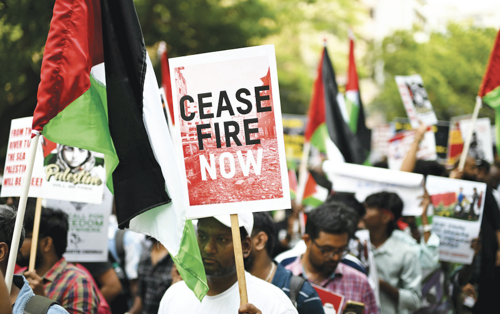 Protesters condemn Israel during a rally in Chennai on Saturday. Israeli attacks on Iran started on June 13 when Tel Aviv hit more than a dozen sites in the country. (AFP)