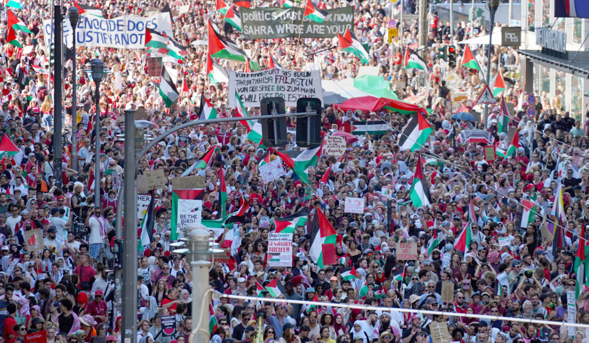 People attend a pro-Palestinians demonstration in Berlin, Saturday, June 21, 2025. (AP)