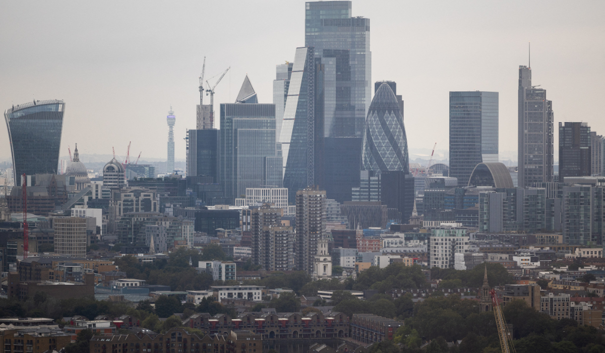 A general view shows the City of London financial district from an office window in Canary Wharf in London on October 2, 2023. (AFP)