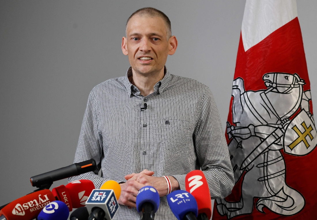 Sergei Tikhanovsky, Belarusian opposition activist released from a Belarusian prison, addresses a press conference in Vilnius, Lithuania. (AFP)