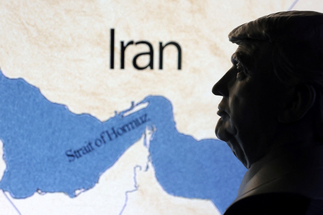 An illustration showing Strait of Hormuz and Iran behind a 3D printed miniature of American President Donald Trump. (Reuters)