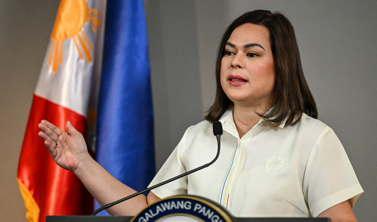 Philippine Vice President Sara Duterte gives a statement on impeachment complaints filed against her at her office in Mandaluyong, Metro Manila on February 7, 2025. (AFP)