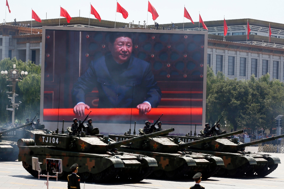 Chinese President Xi Jinping is displayed on a screen during a 2005 military parade in Beijing, China. (AP)