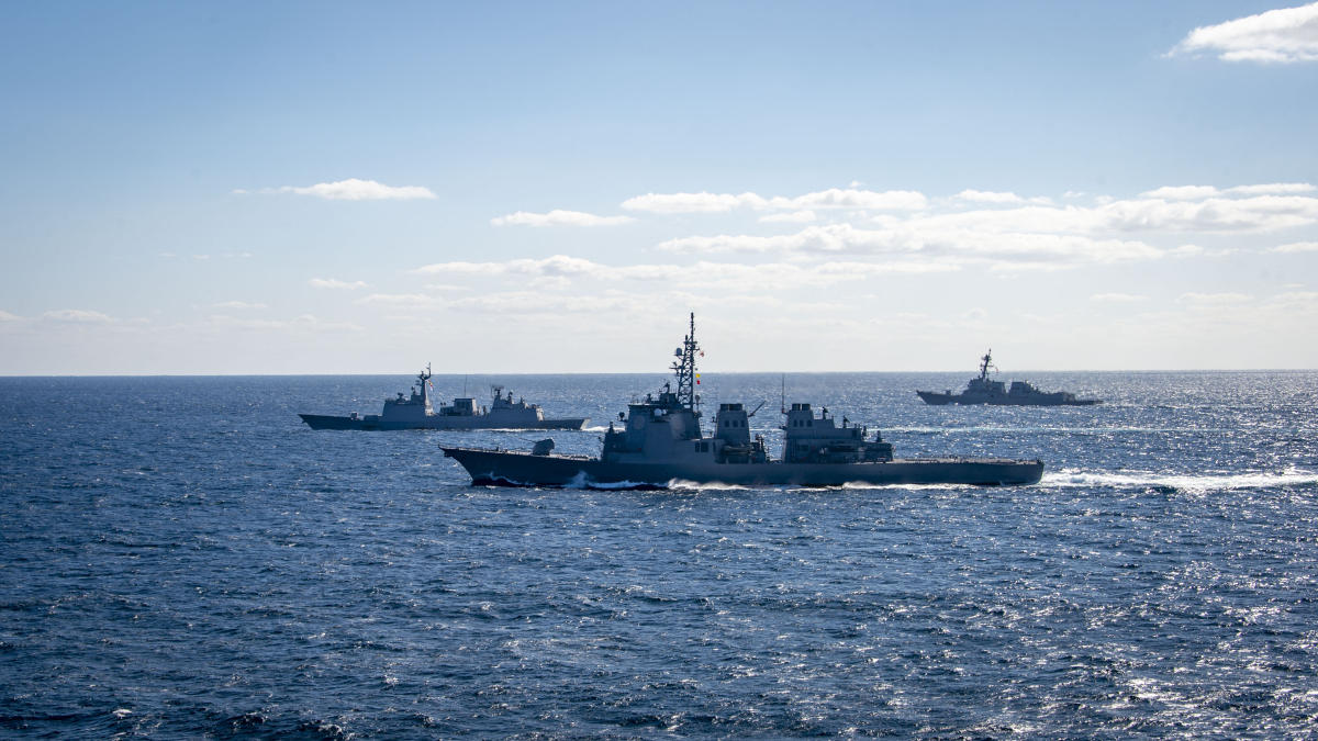 Japan Maritime Self-Defense Force destroyer JDS Kongo (C) taking part in three-day trilateral military maritime exercises with the navies of the US and South Korea, at an undisclosed location in the Pacific Ocean. (File/AFP)