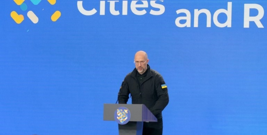 Ukrainian Prime Minister Denys Shmyhal delivers a speech at the 3rd International Summit of Cities and Regions 'United for Peace and Security' in Kyiv, Ukraine. (AFP)