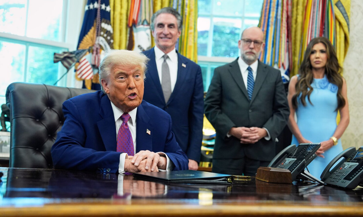 President Donald Trump speaks to the media in the Oval Office at the White House, Tuesday, June 10, 2025, in Washington, as Interior Secretary Doug Burgum, Director of the Office of Management and Budget Russell Vought and Secretary of Homeland Security Kristi Noem, look on. (AP)