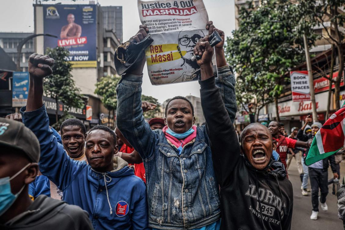 Demonstrators march in downtown Nairobi on June 25, 2025 during a planned day of protest marking the first anniversary of the storming of the parliament. (AFP)