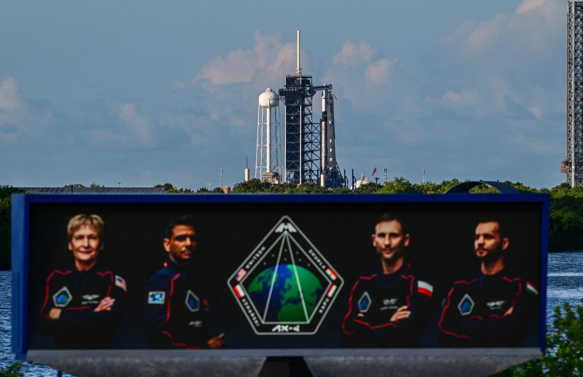 The four-member crew was carried aloft on a towering SpaceX launch vehicle consisting of a Crew Dragon capsule perched atop a two-stage Falcon 9 rocket. (AFP)