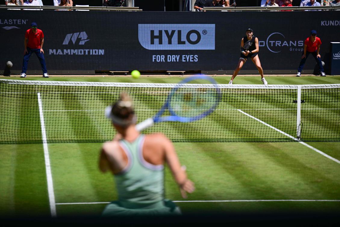 Belarus’ Aryna Sabalenka plays the ball to China’s Wang Xinyu during the women’s single final match of the WTA tennis tournament in Berlin on June 22, 2025. (AFP)