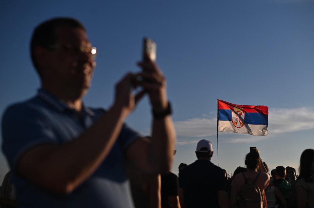People take part in a demonstration aiming at pressuring Serbia’s President Aleksandar Vucic to call early elections in Belgrade on June 1, 2025. (AFP)