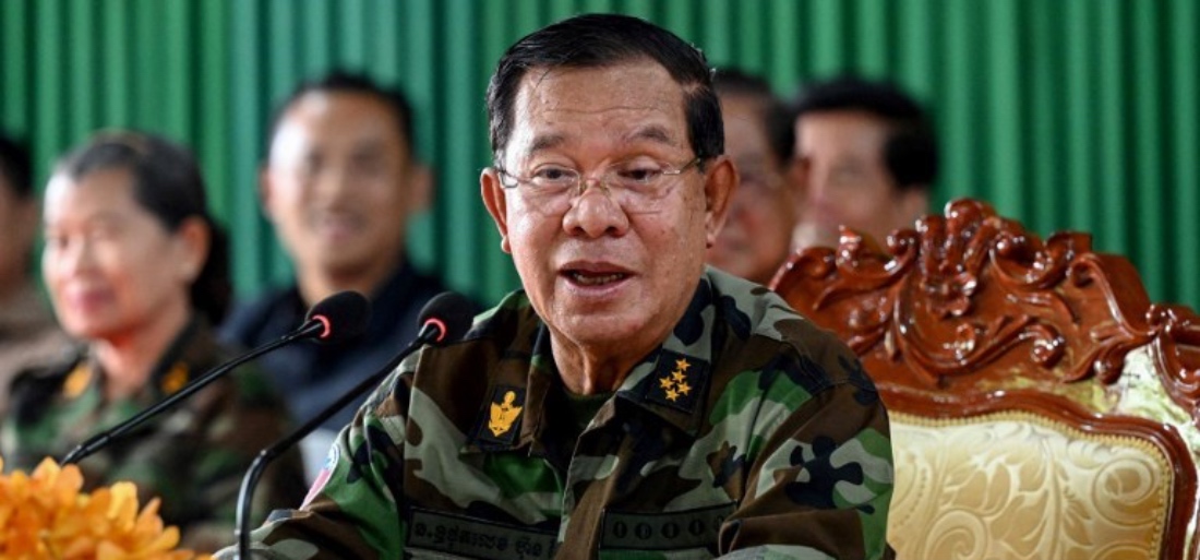 Cambodia's Senate President Hun Sen delivering a speech during his visit to the Cambodian armed forces stationed along the border with Thailand. (AFP)