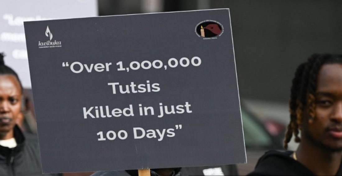 Members of the Memory Keepers Association participate in a commemorative rally marking the 31st anniversary of the Rwandan genocide in Alberta, Canada. (AFP)