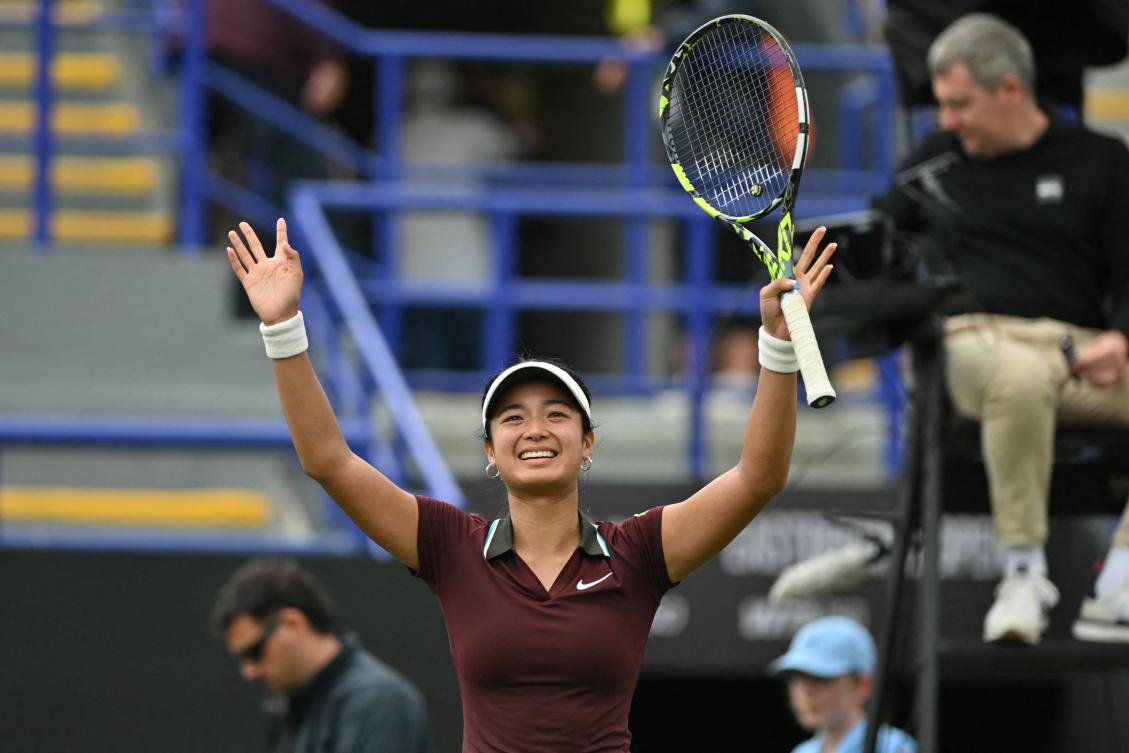 Philippines’ Alexandra Eala celebrates after beating France’s Varvara Gracheva in their women’s singles semifinal of the Lexus Eastbourne International on June 27, 2025. (AFP)