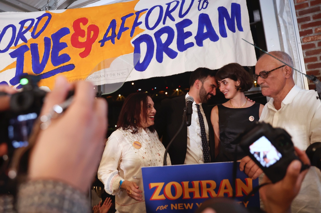Democratic mayoral candidate Zohran Mamdani appears on stage with his wife and parents in New York, US. (AP)