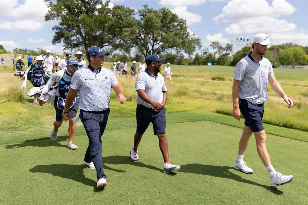 4Aces GC are seen walking to the on the ninth hole during the first round of LIV Golf Dallas at Maridoe Golf Club on Friday. (LIV Golf)
