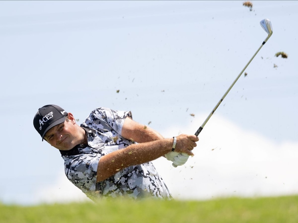 Patrick Reed of 4Aces GC hits his shot on the ninth hole during the second round of LIV Golf Dallas at Maridoe Golf Club on Saturday, June 28, 2025 in Carrollton, Texas. (LIV Golf)
