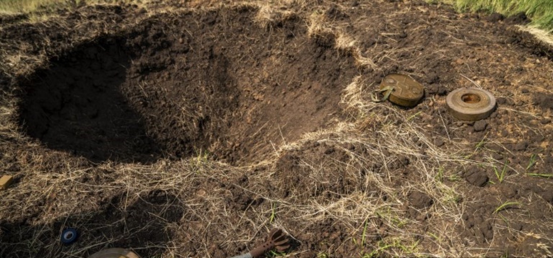 Explosive equipment are seen on the ground as Ukrainian bomb squad team from the 93rd Brigade carries out mine and shell detonation work in Donetsk region, Ukraine. (AFP)