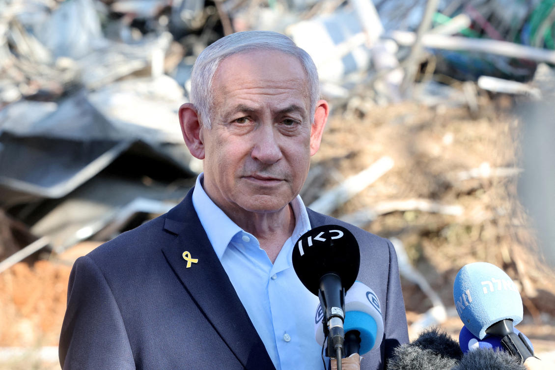 Israel's Prime Minister Benjamin Netanyahu gives a statement during a visit to the site of the Weizmann Institute of Science, which was hit by an Iranian missile barrage, in the central city of Rehovot, Israel June 20, 2025. (Reuters)