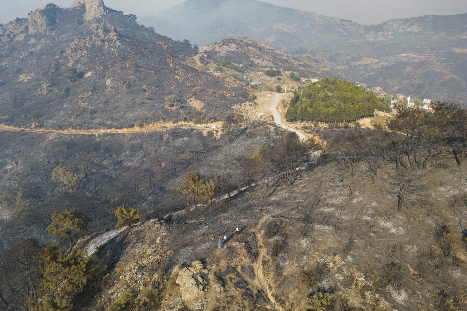 This aerial photograph shows a forest area partially burnt and with smoke emanating from wildfires in Turkey's western province of Izmir on August 17, 2024. (AFP)