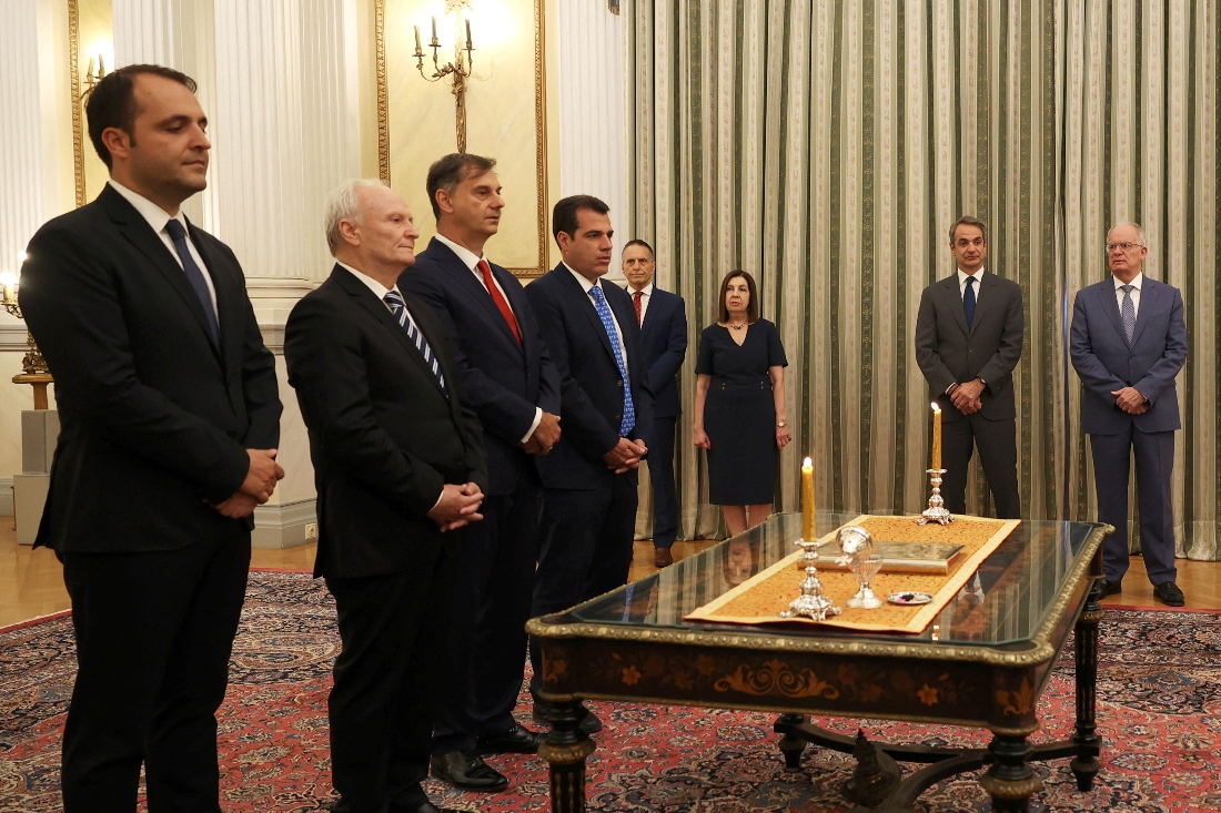 Greek Prime Minister Kyriakos Mitsotakis attends swearing in ceremony of newly appointed Greek ministers at the Presidential Palace in Athens, Greece. (Reuters)