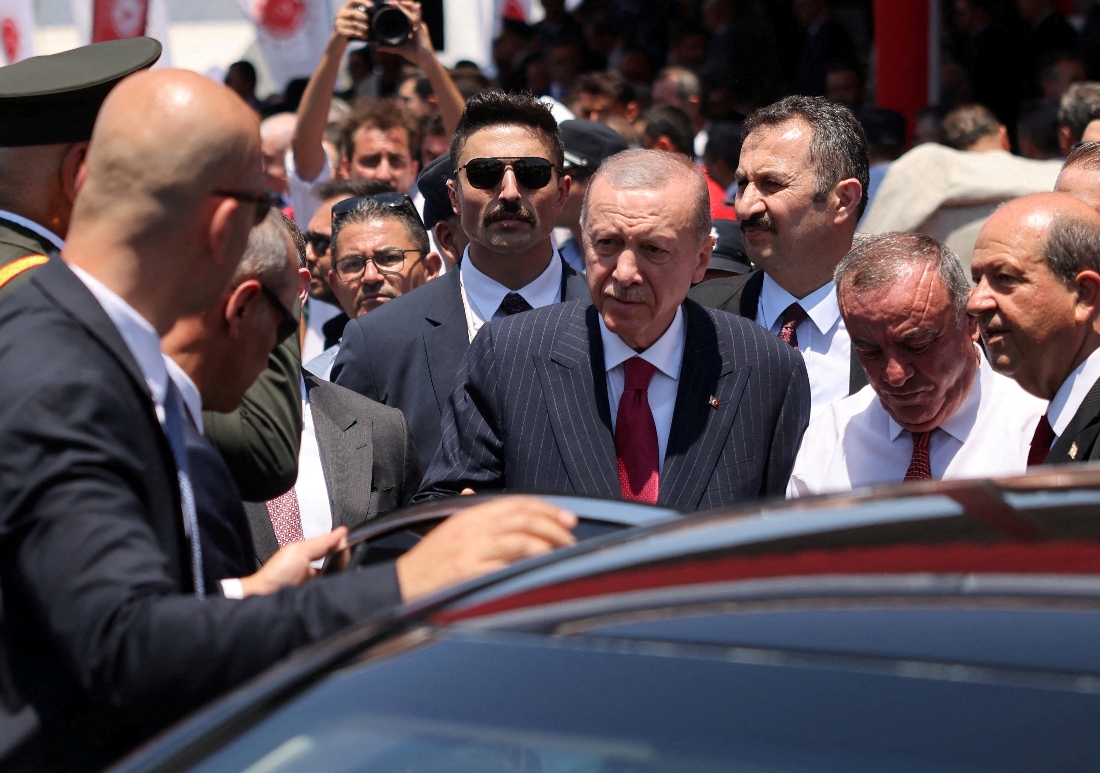 Turkish President Tayyip Erdogan leaves after attending a military parade in the Turkish controlled part of the divided city of Nicosia, Cyprus. (Reuters)