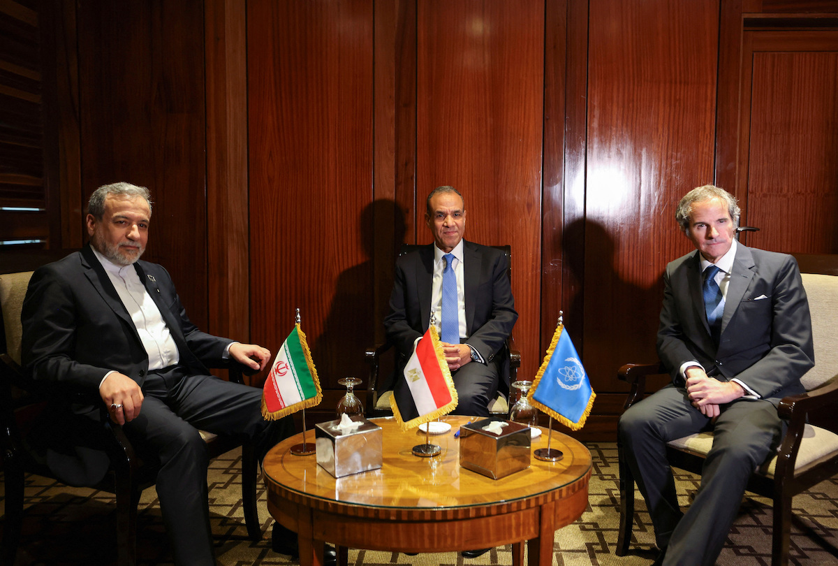 Egyptian Foreign Minister Badr Abdelatty, Iran's Abbas Araghchi and the IAEA's Rafael Grossi in Cairo Monday. (Reuters)