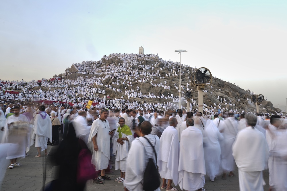 Muslims offer prayers on top of Mount Arafat during the annual Hajj pilgrimage on June 5, 2025. (AP)