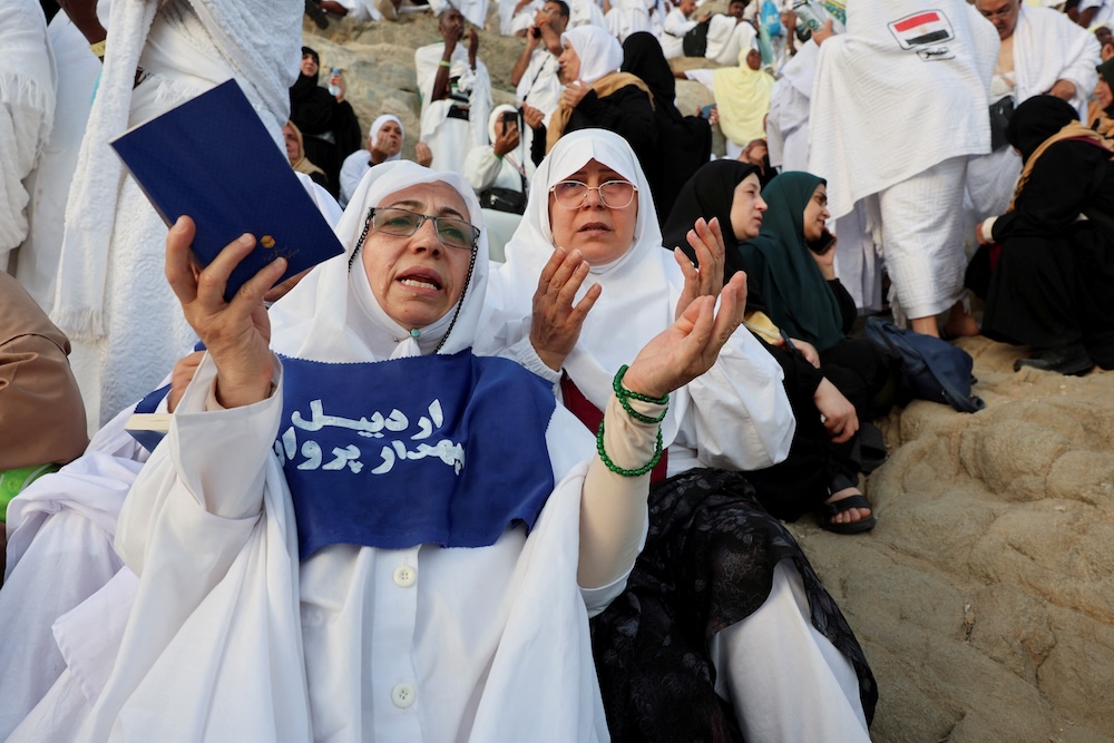 Pilgrims pray at Mount Arafat during the annual Hajj pilgrimage on June 5, 2025. (Reuters)