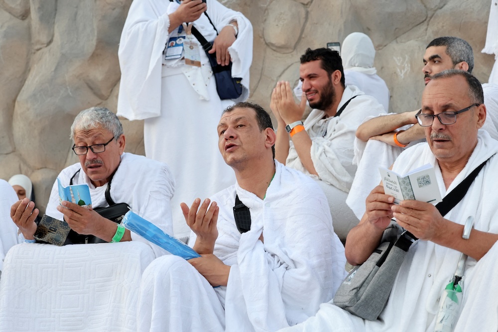 Pilgrims gather at Mount Arafat to offer prayers during the annual Hajj pilgrimage on June 5, 2025. (Reuters)