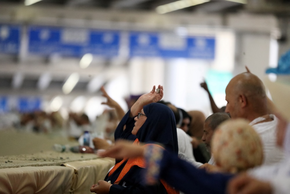 Muslim pilgrims cast stones at pillars in the symbolic stoning of the devil on June 6, 2025. (AP)