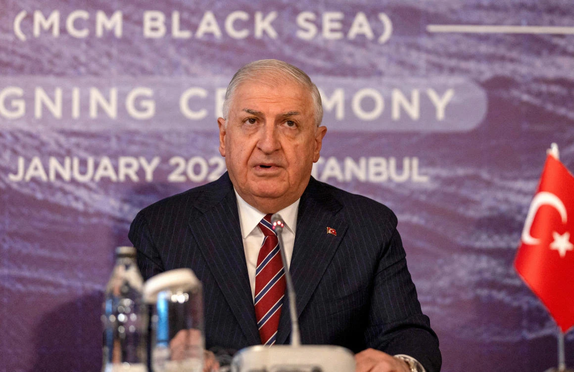 FILE PHOTO: Turkish Defence Minister Yasar Guler attends a signing ceremony of a memorandum of understanding on establishing a mine countermeasures naval group in the Black Sea, aimed at clearing mines floating there as a result of the war in Ukraine, in Istanbul, Turkey, January 11, 2024. (Reuters)