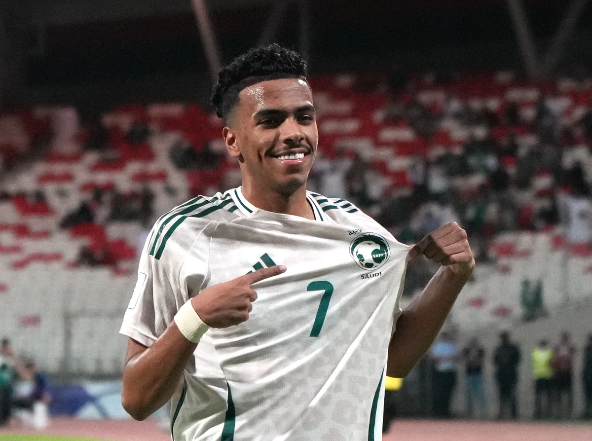 Saudi Arabia’s Musab Al-Juwayr celebrates scoring their first goal. (Reuters)