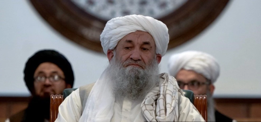 Afghanistan's Prime Minister Mohammad Hassan Akhund at a gathering inside the former presidential palace in Kabul. (AFP)