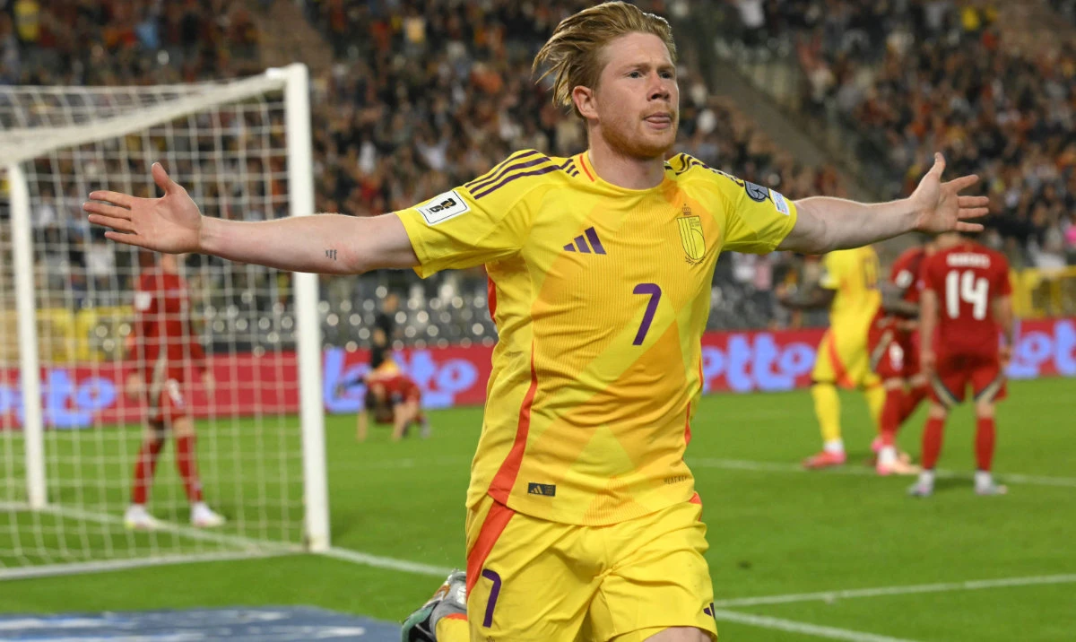 Belgium's midfielder #07 Kevin De Bruyne celebrates after scoring Belgium's fourth goal during the FIFA World Cup 2026 Group J European qualification football match between Belgium and Wales at the King Baudouin Stadium in Brussels, on June 9, 2025. (AFP)