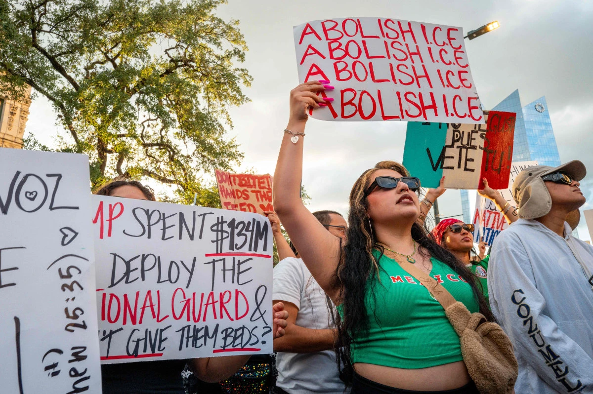 People march against US Immigration and Customs Enforcement (ICE) raids at San Antonio City Hall on June 11, 2025 in San Antonio, Texas. (Getty Images via AFP)