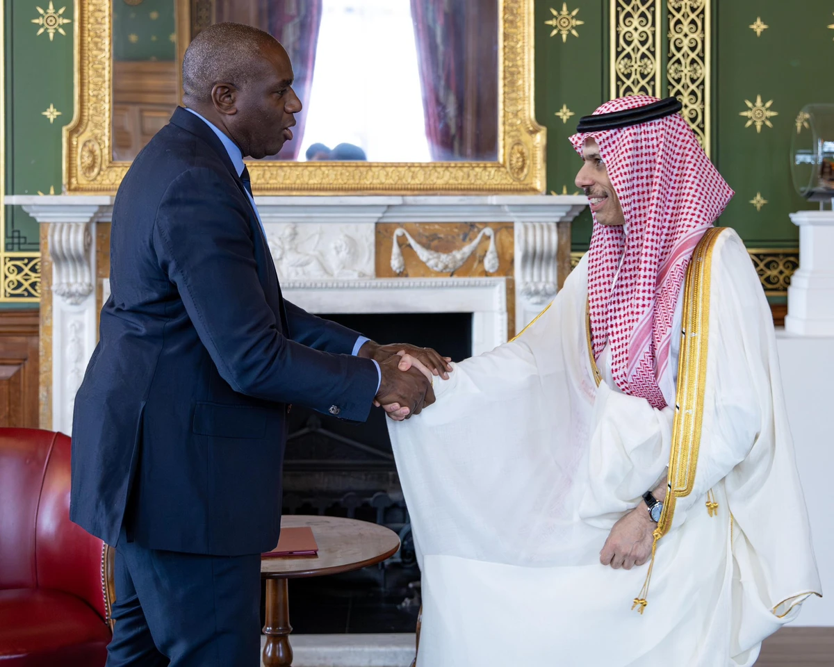 Saudi Foreign Minister Prince Faisal bin Farhan met in London with UK Foreign Secretary David Lammy on Friday to discuss ties and regional developments. (KSAMOFA)