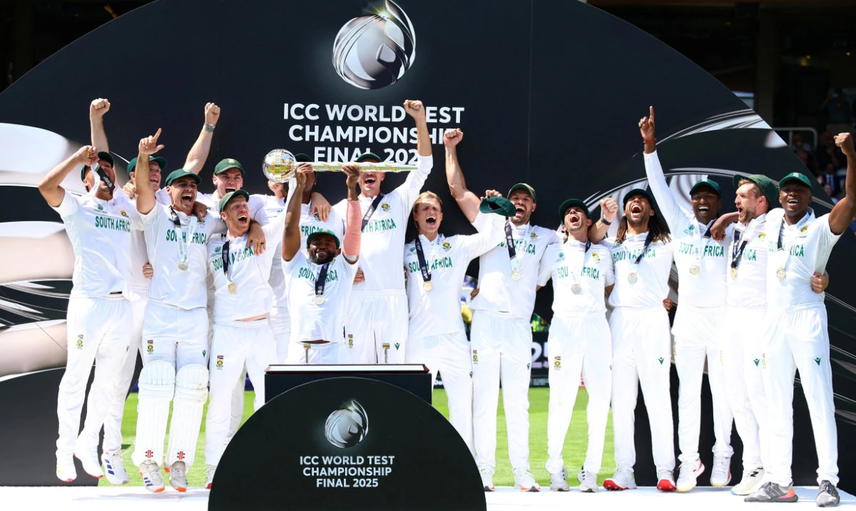 Temba Bavuma lifts the ICC Test Championship trophy. The result bodes well for the country’s preparations for its home ODI World Cup in 2027. (Reuters)