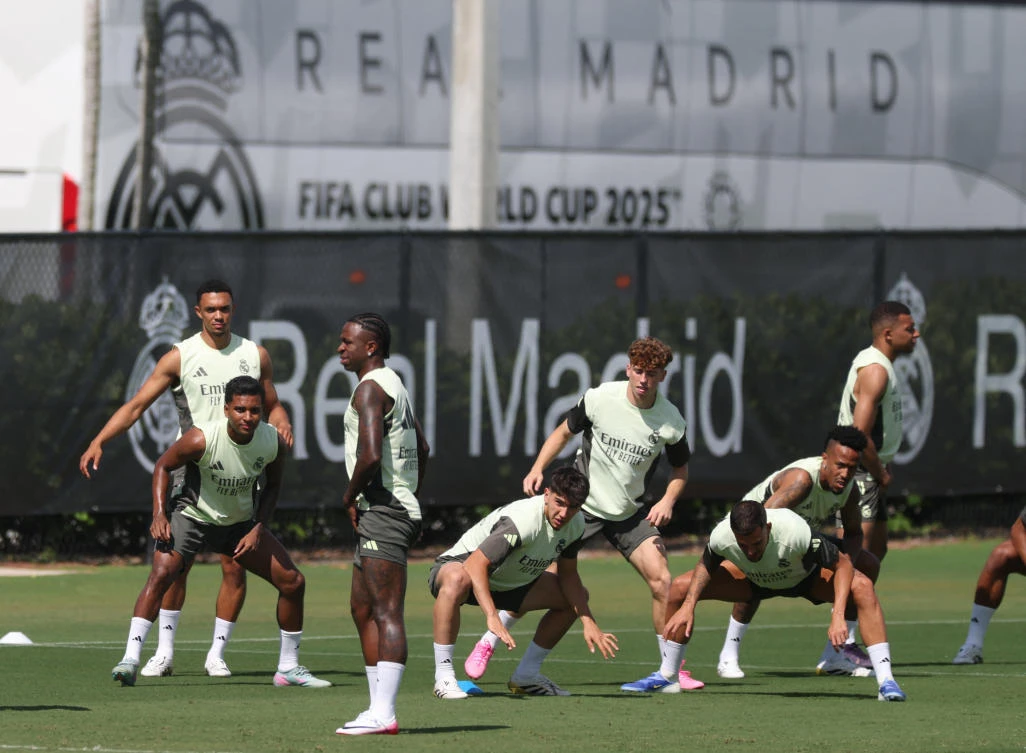 Real Madrid’s Vinicius Junior, Trent Alexander-Arnold, Rodrygo, Eder Militao and Kylian Mbappe during training at their Real Madrid Training — Gardens North Country District Park, Palm Beach Gardens, Florida, Jun. 15, 2025. (Reuters)