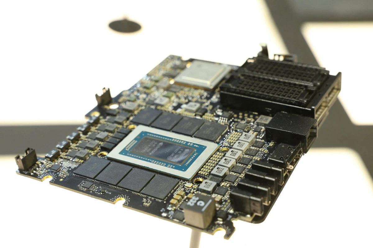 NVIDIA components and circuit board are displayed at the GTC Paris NVIDIA at the VivaTech technology startups and innovation fair at the Paris Expo Porte de Versailles, in Paris on June 12, 2025. (AFP)