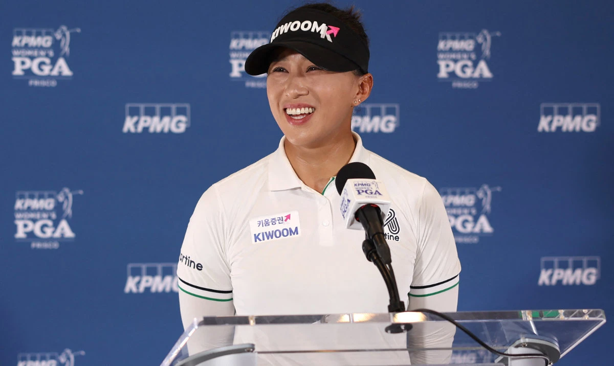 Amy Yang of South Korea answers questions from media prior to the KPMG Women’s PGA Championship 2025 at Fields Ranch East at PGA Frisco on Wednesday in Frisco, Texas. (AFP)
