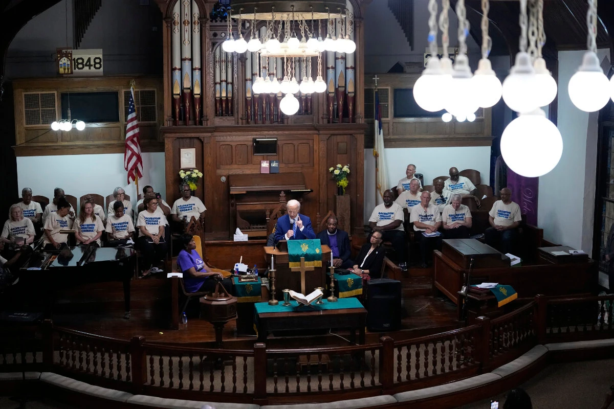 Former President Joe Biden speaks during a Juneteenth event at the Reedy Chapel AME Church on June 19, 2025, in Galveston, Texas. (AP Photo)