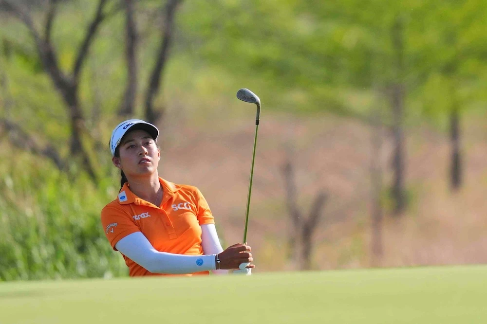 Jeeno Thitikul watches her shot on the first hole during the first round of the Women’s PGA Championship golf tournament Thursday in Frisco, Texas. (AP)